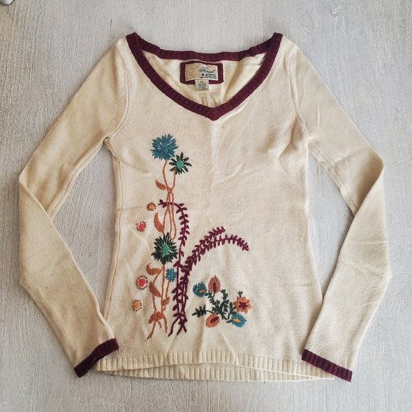 Vintage Fossil Embroidered Floral  V-Neck Sweater - Picture 1 of 4